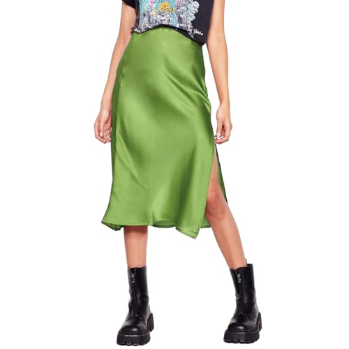 Odizli Satin Rock Damen mit Schlitz Elegant Vintage Sommer Seiden High Waist Elastische A Line Midirock Frauen Festlich Hochzeit Hochzeitsgast Meerjungfrau Rüsche Lang Röcke Mintgrün L von Odizli