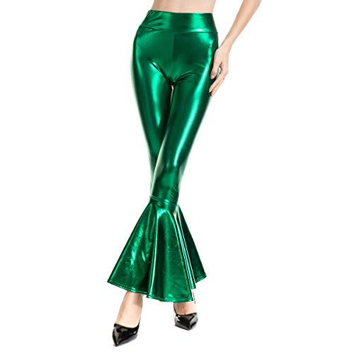 Odizli Schlaghose Damen 70er High Waist Leder Lack Wetlook Glitzer Metallic Locker Bootleg Baggy Skinny Elegant Flare Marlenehose Meerjungfrau Weite Hose Freizeithose Disco 80er Jahre Kleidung Grün L von Odizli