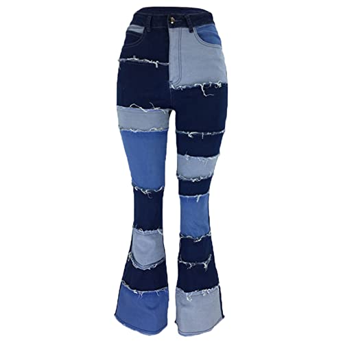 Odizli Schlaghose Damen Jeans Jeanshose High Waist Stretch Lang Wide Leg Bootcut Hose Frauen Vintage Patchwork Bottom Blau-1 M von Odizli