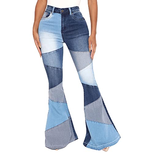 Odizli Schlaghose Damen Jeans Jeanshose High Waist Stretch Lang Wide Leg Bootcut Hose Frauen Vintage Patchwork Bottom Blau XL von Odizli