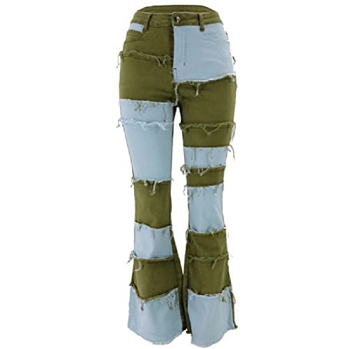 Odizli Schlaghose Damen Jeans Jeanshose High Waist Stretch Lang Wide Leg Bootcut Hose Frauen Vintage Patchwork Bottom Grün 3XL von Odizli