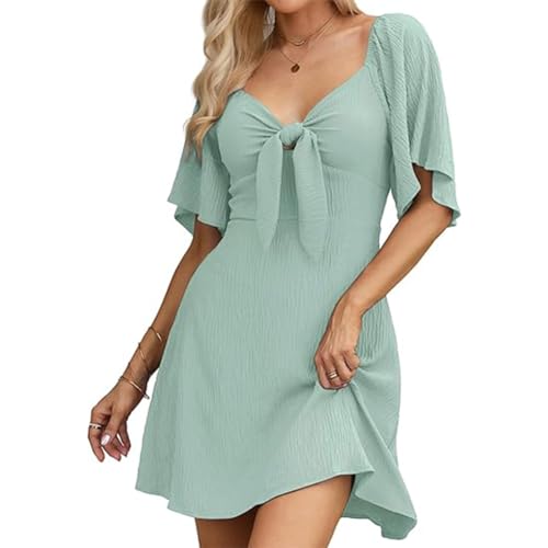 Odizli Sommerkleid Damen Kurz Elegant Frühling Sommer Kurzarm Fliege V-Ausschnitt Kleid Wickelkleid Smoked Flowy A-Linie Minikleid Festlich Hochzeit Hochzeitsgast Frühlingskleid Salbeigrün XL von Odizli