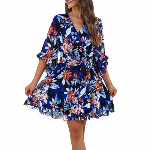 Odizli Sommerkleid Damen Kurz Elegant Fr�hling Sommer V-Ausschnitt Kleid Wickelkleid Chiffonkleid Blumenkleid Minikleid Fr�hlingskleid Festlich Hochzeit Hochzeitsgast Cocktailkleid Partykleid Blau S von Odizli