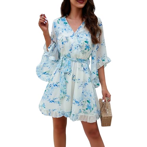 Odizli Sommerkleid Damen Kurz Elegant Frühling Sommer V-Ausschnitt Kleid Wickelkleid Chiffonkleid Blumenkleid Minikleid Frühlingskleid Festlich Hochzeit Hochzeitsgast Cocktailkleid Partykleid Weiß L von Odizli