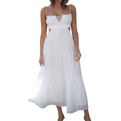 Odizli Sommerkleid Damen Lang Elegant Frühling Sommer Spaghettiträger Trägerkleid Boho Rückenfreies Swing A Linien Kleid Leicht und Luftig Hochzeit Hochzeitsgast Frühlingskleid Strandkleid Weiß M von Odizli