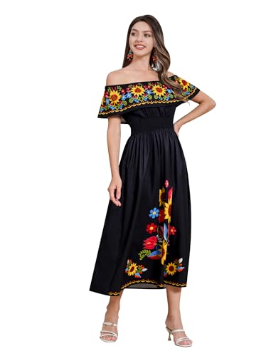 Odizli Sommerkleid Damen Lang Mexikanisches Boho Off Shoulder Blume Kleid Maxikleid Freizeitkleid Frida Kahlo Mexikanerin Mexiko Mexikaner Flamenco Kost�m Halloween Karneval Faschingskost�me Schwarz L von Odizli