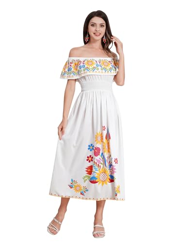 Odizli Sommerkleid Damen Lang Mexikanisches Boho Off Shoulder Blume Kleid Maxikleid Freizeitkleid Frida Kahlo Mexikanerin Mexiko Mexikaner Flamenco Kostüm Halloween Karneval Faschingskostüme Weiß XXL von Odizli