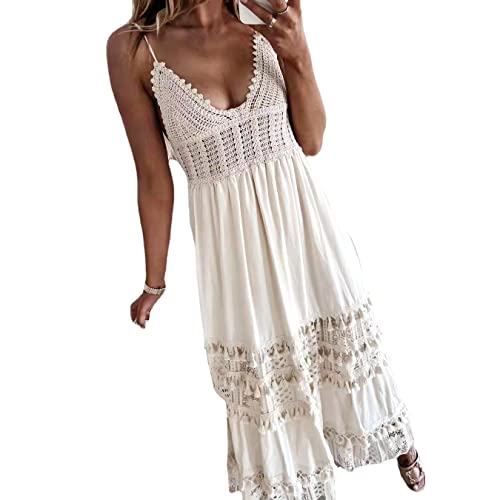 Odizli Sommerkleid Damen Lang Strandkleid Sommer Sexy V-Ausschnitt Boho Bohemian Hippie Blumenkleid Spitzenkleid Crochet Kleid Festlich Hochzeit Maxikleid Midi Freizeitkleid Große Größen Weiß 02 S von Odizli