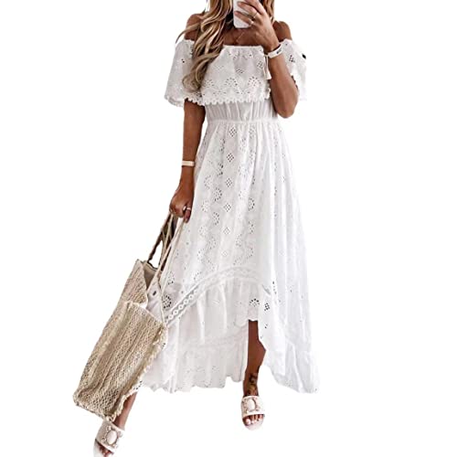 Odizli Sommerkleid Damen Lang Strandkleid Sommer Sexy V-Ausschnitt Boho Bohemian Hippie Blumenkleid Spitzenkleid Crochet Kleid Festlich Hochzeit Maxikleid Midi Freizeitkleid Große Größen Weiß 03 L von Odizli