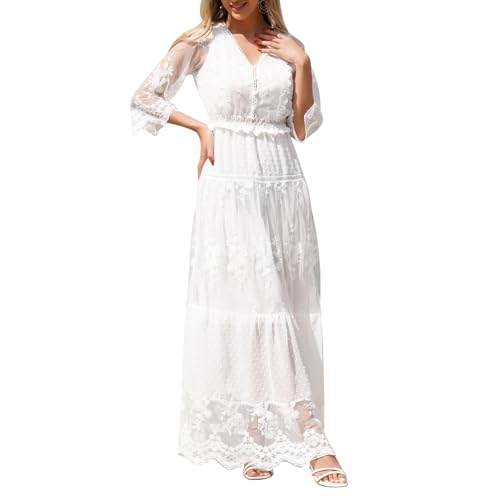 Odizli Sommerkleid Damen Lang Strandkleid Sommer Sexy V-Ausschnitt Boho Bohemian Hippie Blumenkleid Spitzenkleid Crochet Kleid Festlich Hochzeit Maxikleid Midi Freizeitkleid Große Größen Weiß 04 3XL von Odizli