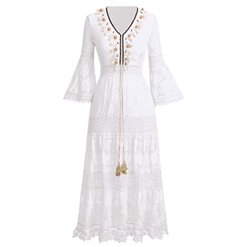 Odizli Sommerkleid Damen Lang Strandkleid Sommer Sexy V-Ausschnitt Boho Bohemian Hippie Blumenkleid Spitzenkleid Crochet Kleid Festlich Hochzeit Maxikleid Midi Freizeitkleid Große Größen Weiß 05 L von Odizli