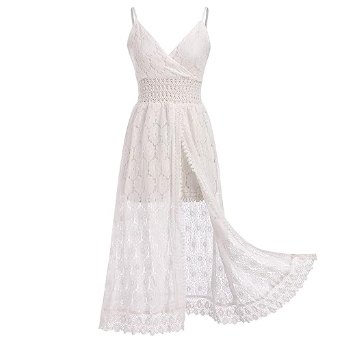 Odizli Sommerkleid Damen Lang Strandkleid Sommer Sexy V-Ausschnitt Boho Bohemian Hippie Blumenkleid Spitzenkleid Crochet Kleid Festlich Hochzeit Maxikleid Midi Freizeitkleid Große Größen Weiß #B XL von Odizli