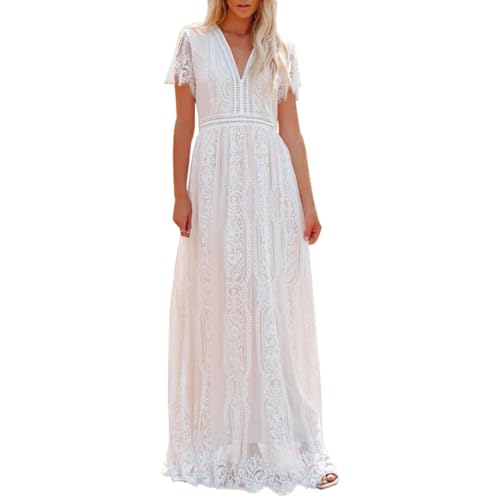 Odizli Sommerkleid Damen Lang Strandkleid Sommer Sexy V-Ausschnitt Boho Hippie Blumenkleid Spitzenkleid Brautkleid Standesamt Hochzeitskleid Festlich Hochzeit Maxikleid Freizeitkleid Weiß-D S von Odizli