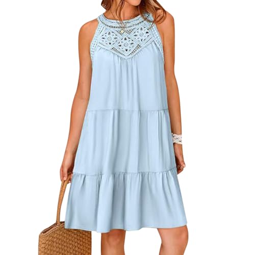 Odizli Sommerkleid Damen Leicht und Luftig Elegant Frühling Sommer Tunikakleid Ärmellos Neckholder Boho Spitze A Linie Knielang Tunika Tshirt Kleid Shirtkleid Damenkleid Kurz Strandkleid Hellblau XXL von Odizli