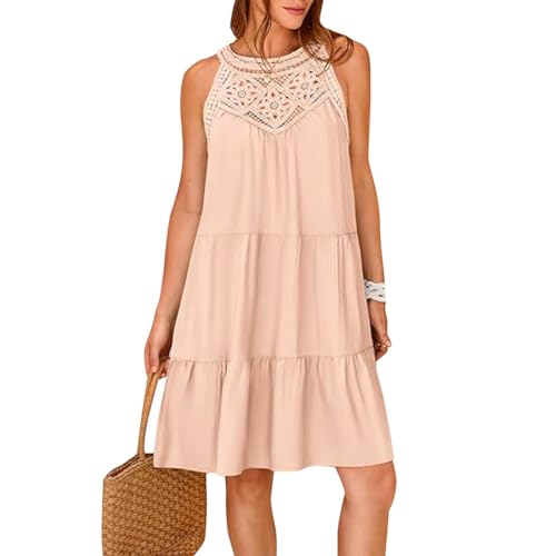 Odizli Sommerkleid Damen Leicht und Luftig Elegant Frühling Sommer Tunikakleid Ärmellos Neckholder Boho Spitze A Linie Knielang Tunika Tshirt Kleid Shirtkleid Damenkleid Kurz Strandkleid Hellrosa S von Odizli