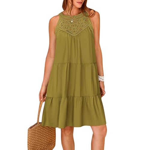 Odizli Sommerkleid Damen Leicht und Luftig Elegant Frühling Sommer Tunikakleid Ärmellos Neckholder Boho Spitze A Linie Knielang Tunika Tshirt Kleid Shirtkleid Damenkleid Kurz Strandkleid Olivgrün XXL von Odizli