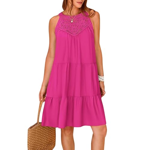 Odizli Sommerkleid Damen Leicht und Luftig Elegant Frühling Sommer Tunikakleid Ärmellos Neckholder Boho Spitze A Linie Knielang Tunika Tshirt Kleid Shirtkleid Damenkleid Kurz Strandkleid Rosenrot XXL von Odizli