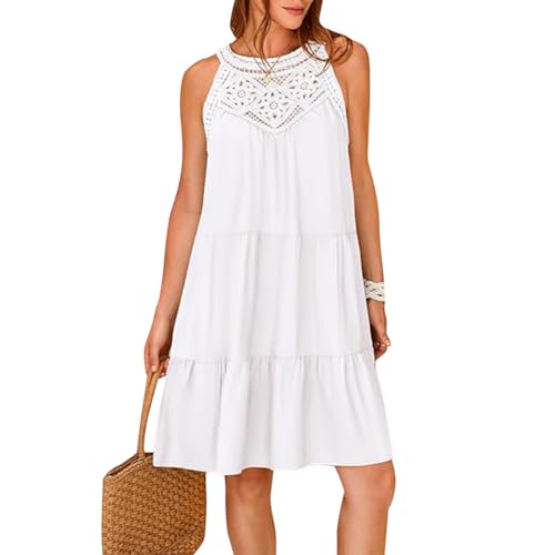 Odizli Sommerkleid Damen Leicht und Luftig Elegant Frühling Sommer Tunikakleid Ärmellos Neckholder Boho Spitze A Linie Knielang Tunika Tshirt Kleid Shirtkleid Damenkleid Kurz Strandkleid Weiß M von Odizli