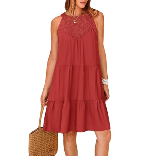 Odizli Sommerkleid Damen Leicht und Luftig Elegant Frühling Sommer Tunikakleid Ärmellos Neckholder Boho Spitze A Linie Knielang Tunika Tshirt Kleid Shirtkleid Damenkleid Kurz Strandkleid Ziegelrot XXL von Odizli