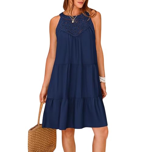 Odizli Sommerkleid Damen Leicht und Luftig Elegant Frühling Sommer Tunikakleid Ärmellos Neckholder Boho Spitze Knielang Tunika Tshirt Kleid Shirtkleid Damenkleid Kurz Strandkleid Dunkelblau S von Odizli