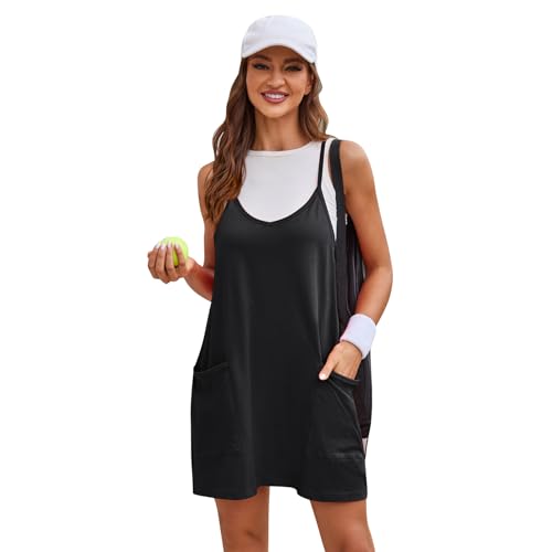 Odizli Sommerkleid Damen Leicht und Luftig Spaghettiträger Trägerkleid Hängerkleid Ärmellos Top Tank + Kurz Kleid + Shorts Outfits Sommer Strandkleid Freizeitkleid Tenniskleid mit Taschen Schwarz XL von Odizli