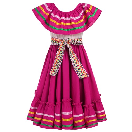 Odizli Sommerkleid Mädchen Kinder Lang Mexikanisches Hawaii Boho Off Shoulder Blumenkleid Sommer Leicht Rüschen A Linien Maxikleider Freizeitkleid Mexikaner Flamenco Strandkleid Rosenrot 5-6 Jahre von Odizli