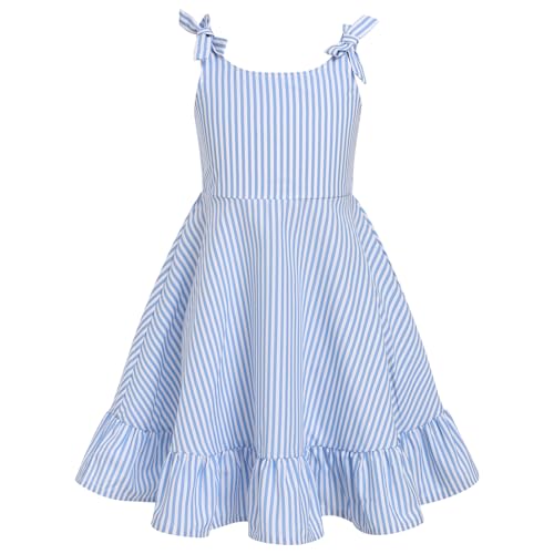 Odizli Sommerkleid Mädchen Kinder Sommer Ärmellos Boho Streifen Blume Rüschen A-Linie Kleider Einschulung Festliche Hochzeit Geburtstag Einschulungskleid Freizeitkleid Blau Weiß 6-7 Jahre von Odizli