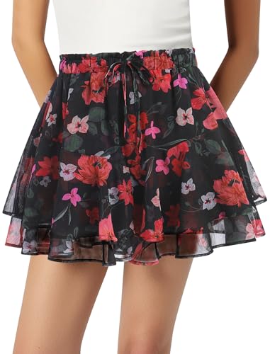 Odizli Sommerrock Damen Leicht und Luftig Sommer High Waist Boho Hawaii Blumen Chiffon Rüsche A-Linie Skater Minirock Mini Kurz Hosenrock Rock Röcke Schwarz Rot L von Odizli