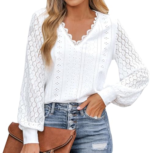Odizli Spitzen Oberteile Damen Sommer Elegant Langarm V-Ausschnitt Blume Spitzentop Spitzenbluse Festliche Hochzeit Bluse Trachtenbluse Blusenshirt Blusentops Damenblusen Sommerblusen Weiß XL von Odizli