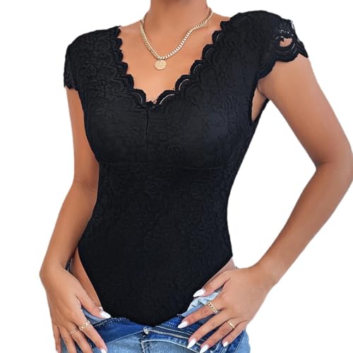 Odizli Spitzen Oberteile Damen Spitzenbody Elegant Sexy Kurzarm V-Ausschnitt Blume Spitze Durchsichtig Rückenfreies Enge Body Bodysuit Spitzentop Spitzenbluse Festliches Party Blusenbody Schwarz L von Odizli