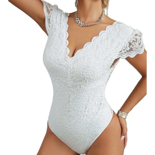 Odizli Spitzen Oberteile Damen Spitzenbody Elegant Sexy Kurzarm V-Ausschnitt Blume Spitze Durchsichtig Rückenfreies Enge Body Bodysuit Spitzentop Spitzenbluse Festliches Party Blusenbody Weiß L von Odizli