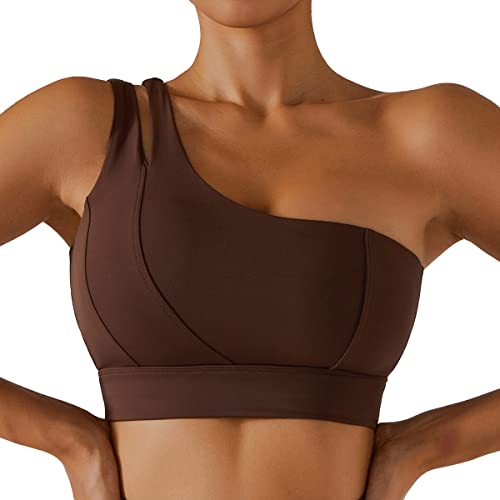 Odizli Sport BH Damen One Shoulder Rückenfrei Starker Halt Große Brüste Gepolstert Bra Push Up Crop Tops Sportbekleidung Gym Workout Tennis Kleidung Frauen Sportsachen Fitness Bekleidung Braun-Top XL von Odizli