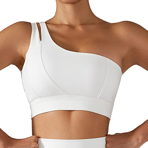 Odizli Sport BH Damen One Shoulder Rückenfrei Starker Halt Große Brüste Gepolstert Bra Push Up Crop Tops Sportbekleidung Gym Workout Tennis Kleidung Frauen Sportsachen Fitness Bekleidung Weiß-Top XL von Odizli