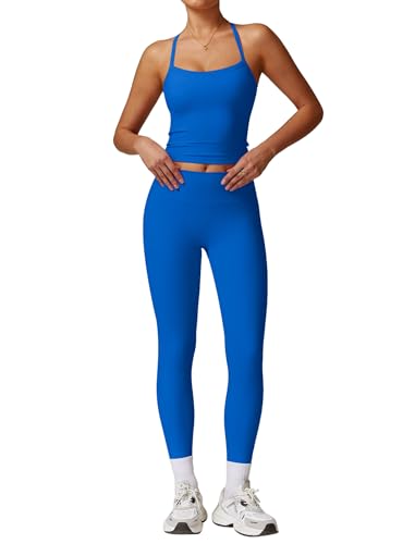 Odizli Sport Set Damen Ärmellos Top mit Integriertem BH + High Waist Leggings Lang Sporthose Outfit Sportbekleidung Frauen Sportset Gym Workout Yoga Fitness Sportanzug Sportkleidung Blau M von Odizli