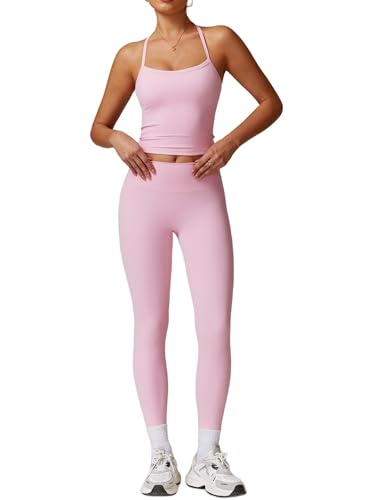 Odizli Sport Set Damen Ärmellos Top mit Integriertem BH + High Waist Leggings Lang Sporthose Outfit Sportbekleidung Frauen Sportset Gym Workout Yoga Fitness Sportanzug Sportkleidung Rosa XS von Odizli
