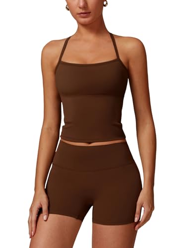 Odizli Sport Set Damen Ärmellos Top mit Integriertem BH + High Waist Shorts Kurz Sporthose Outfit Sportbekleidung Frauen Sportset Gym Workout Yoga Fitness Sportanzug Sportkleidung Braun XS von Odizli