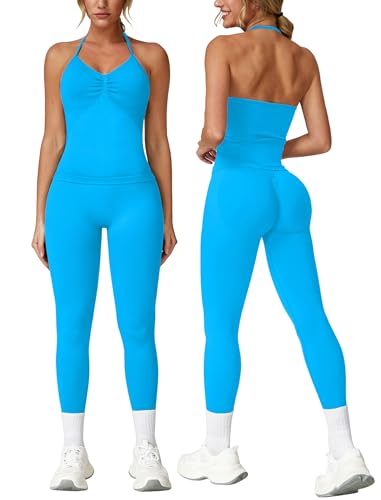 Odizli Sport Set Damen Neckholder Top mit Integriertem BH + High Waist Leggings Lang Sporthose Outfit Sportset Sportanzug Frauen Sportbekleidung Fitness Yoga Gym Workout Sportkleidung Blau S von Odizli