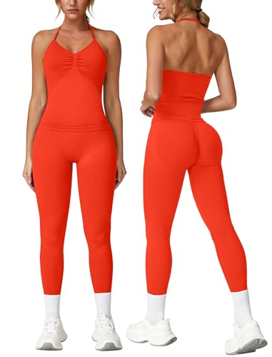 Odizli Sport Set Damen Neckholder Top mit Integriertem BH + High Waist Leggings Lang Sporthose Outfit Sportset Sportanzug Frauen Sportbekleidung Fitness Yoga Gym Workout Sportkleidung Chili Rot S von Odizli