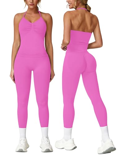 Odizli Sport Set Damen Neckholder Top mit Integriertem BH + High Waist Leggings Lang Sporthose Outfit Sportset Sportanzug Frauen Sportbekleidung Fitness Yoga Gym Workout Sportkleidung Dunkelrosa S von Odizli