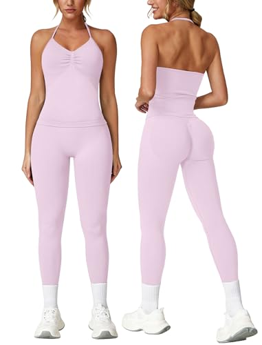 Odizli Sport Set Damen Neckholder Top mit Integriertem BH + High Waist Leggings Lang Sporthose Outfit Sportset Sportanzug Frauen Sportbekleidung Fitness Yoga Gym Workout Sportkleidung Rosa XS Odizli Sport Set Damen Neckholder Top mit Integriertem BH + High Waist Leggings Lang Sporthose Outfit Sportset Sportanzug Frauen Sportbekleidung Fitness Yoga Gym Workout Sportkleidung Rosa XS von Odizli