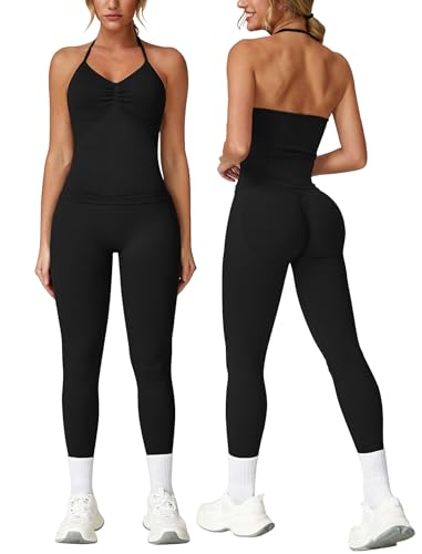 Odizli Sport Set Damen Neckholder Top mit Integriertem BH + High Waist Leggings Lang Sporthose Outfit Sportset Sportanzug Frauen Sportbekleidung Fitness Yoga Gym Workout Sportkleidung Schwarz XL von Odizli