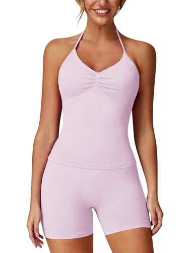 Odizli Sport Set Damen Neckholder Top mit Integriertem BH + High Waist Shorts Kurz Sporthose Sportset Outfit Sportbekleidung Frauen Fitness Gym Workout Yoga Sportanzug Sportkleidung Rosa S Odizli Sport Set Damen Neckholder Top mit Integriertem BH + High Waist Shorts Kurz Sporthose Sportset Outfit Sportbekleidung Frauen Fitness Gym Workout Yoga Sportanzug Sportkleidung Rosa S von Odizli