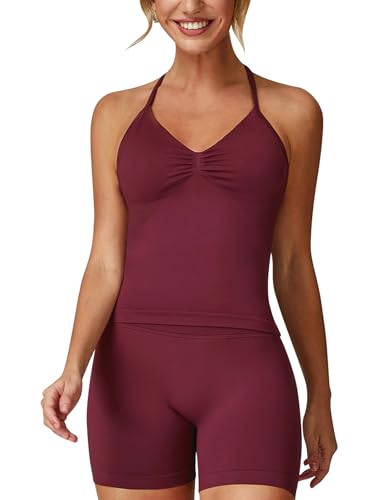 Odizli Sport Set Damen Neckholder Top mit Integriertem BH + High Waist Shorts Kurz Sporthose Sportset Outfit Sportbekleidung Frauen Fitness Gym Workout Yoga Sportanzug Sportkleidung Weinrot S von Odizli