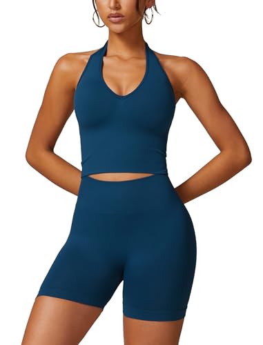 Odizli Sport Set Damen Neckholder V-Ausschnitt BH Top + High Waist Shorts Kurz Sporthose Outfit Sportset Sportanzug Frauen Sportbekleidung Fitness Yoga Gym Workout Sportkleidung Dunkelblau S von Odizli