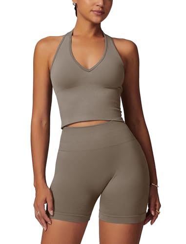 Odizli Sport Set Damen Neckholder V-Ausschnitt BH Top + High Waist Shorts Kurz Sporthose Outfit Sportset Sportanzug Frauen Sportbekleidung Fitness Yoga Gym Workout Sportkleidung Khaki S von Odizli