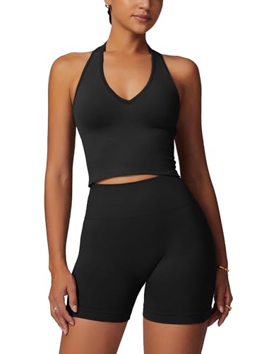 Odizli Sport Set Damen Neckholder V-Ausschnitt BH Top + High Waist Shorts Kurz Sporthose Outfit Sportset Sportanzug Frauen Sportbekleidung Fitness Yoga Gym Workout Sportkleidung Schwarz M von Odizli