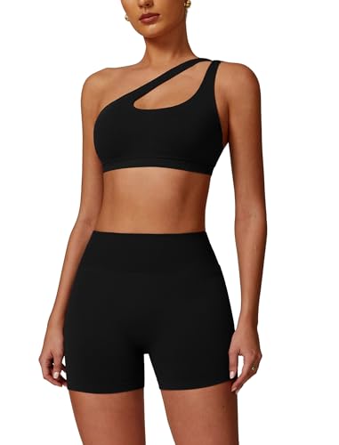 Odizli Sport Set Damen One Shoulder Starker Halt BH + High Waist Shorts Kurz Sporthose Outfit Frauen Sportset Gym Workout Yoga Kleidung Sportanzug Sportkleidung Fitness Bekleidung Schwarz S von Odizli