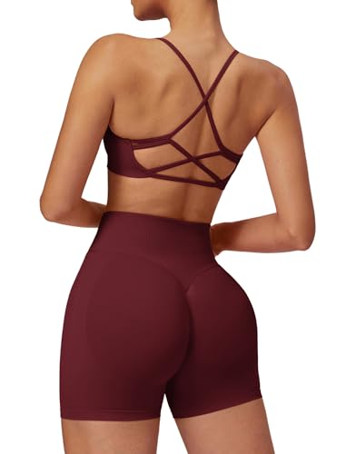 Odizli Sport Set Damen Rückenfrei Große Brüste Starker Halt BH + High Waist Shorts Kurz Sporthose Outfit Frauen Sportset Gym Workout Yoga Kleidung Sportanzug Sportkleidung Fitness Bekleidung Weinrot S von Odizli