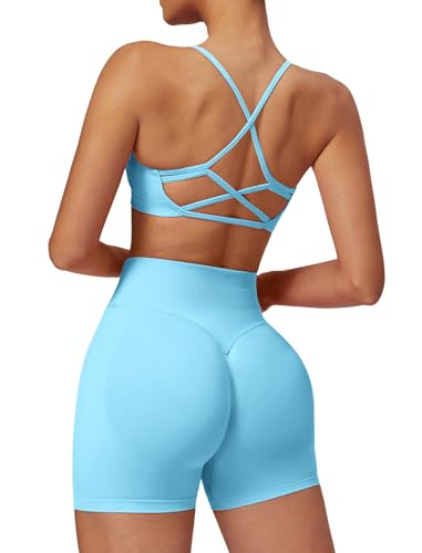 Odizli Sport Set Damen Rückenfrei Große Brüste Starker Halt BH High Waist Shorts Kurz Sporthose Outfit Frauen Sportset Gym Workout Yoga Kleidung Sportanzug Sportkleidung Fitness Bekleidung Hellblau M von Odizli