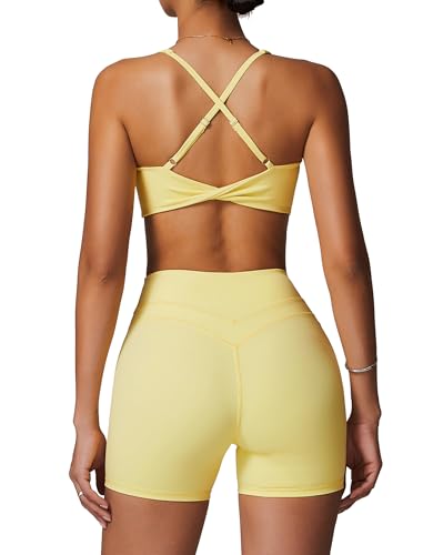 Odizli Sport Set Damen Rückenfrei Push Up Starker Halt BH Top + High Waist Shorts Kurz Sporthose Outfit Sportbekleidung Frauen Sportset Gym Workout Yoga Fitness Sportanzug Sportkleidung Gelb M von Odizli